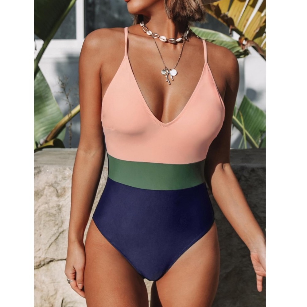 CUPSHE One Piece Swimsuit, Deep V Neck,  Crisscross Back, Color Block, Size L